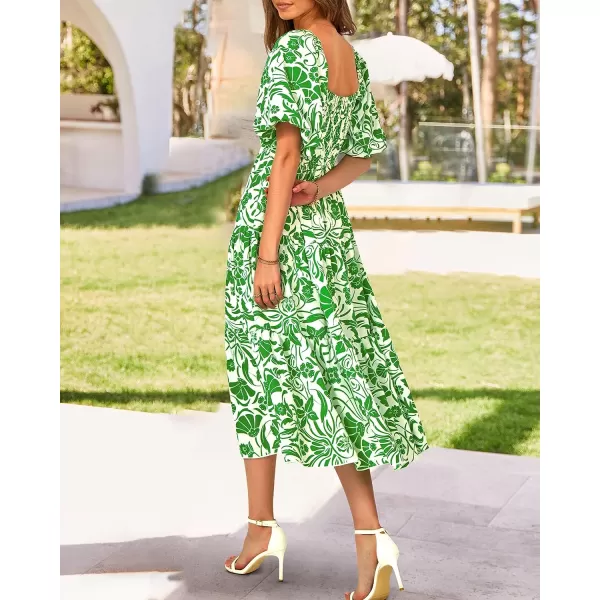 imageBTFBM Women Summer Dresses 2023 Casual Flowy Beach Square Neck Puff Short Sleeve Smocked Back Boho Floral Long Maxi DressPrint Grass Green