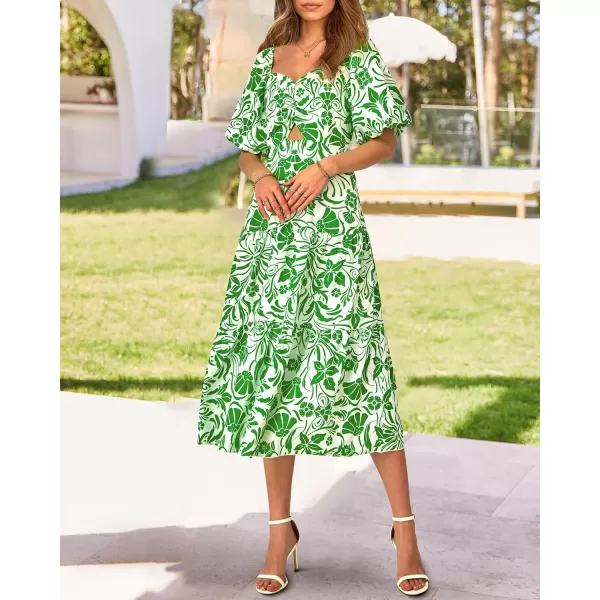 imageBTFBM Women Summer Dresses 2023 Casual Flowy Beach Square Neck Puff Short Sleeve Smocked Back Boho Floral Long Maxi DressPrint Grass Green