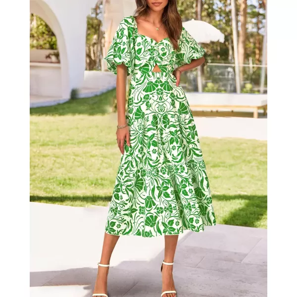 imageBTFBM Women Summer Dresses 2023 Casual Flowy Beach Square Neck Puff Short Sleeve Smocked Back Boho Floral Long Maxi DressPrint Grass Green