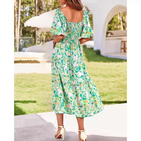 imageBTFBM Women Summer Dresses 2023 Casual Flowy Beach Square Neck Puff Short Sleeve Smocked Back Boho Floral Long Maxi DressPrint Green