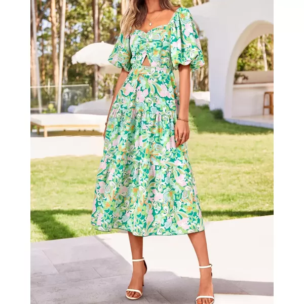imageBTFBM Women Summer Dresses 2023 Casual Flowy Beach Square Neck Puff Short Sleeve Smocked Back Boho Floral Long Maxi DressPrint Green