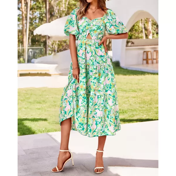 imageBTFBM Women Summer Dresses 2023 Casual Flowy Beach Square Neck Puff Short Sleeve Smocked Back Boho Floral Long Maxi DressPrint Green