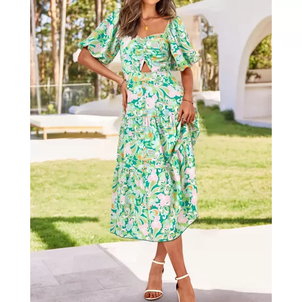 imageBTFBM Women Summer Dresses 2023 Casual Flowy Beach Square Neck Puff Short Sleeve Smocked Back Boho Floral Long Maxi DressPrint Green