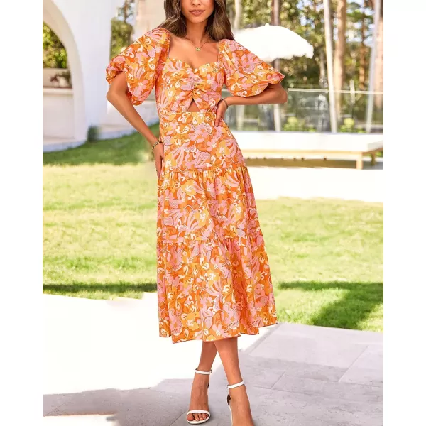 imageBTFBM Women Summer Dresses 2023 Casual Flowy Beach Square Neck Puff Short Sleeve Smocked Back Boho Floral Long Maxi DressPrint Orange