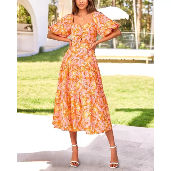 imageBTFBM Women Summer Dresses 2023 Casual Flowy Beach Square Neck Puff Short Sleeve Smocked Back Boho Floral Long Maxi DressPrint Orange