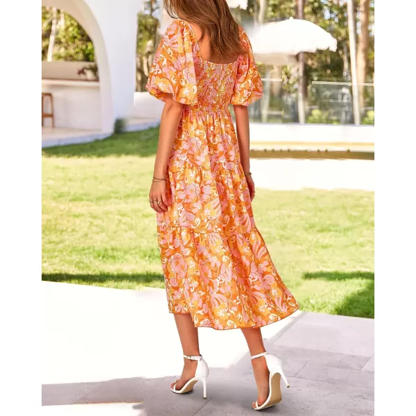 imageBTFBM Women Summer Dresses 2023 Casual Flowy Beach Square Neck Puff Short Sleeve Smocked Back Boho Floral Long Maxi DressPrint Orange