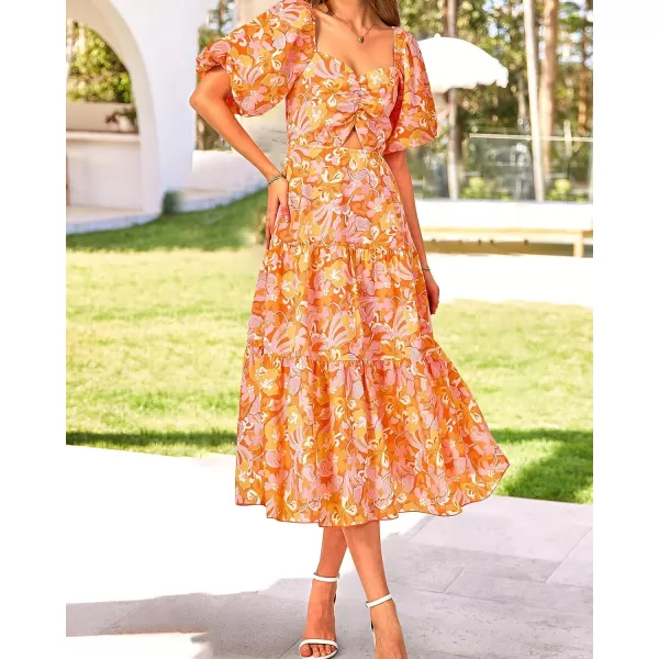 imageBTFBM Women Summer Dresses 2023 Casual Flowy Beach Square Neck Puff Short Sleeve Smocked Back Boho Floral Long Maxi DressPrint Orange
