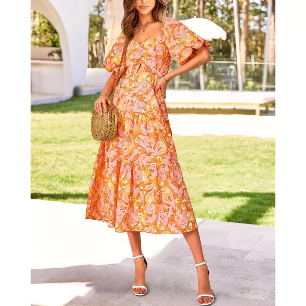 imageBTFBM Women Summer Dresses 2023 Casual Flowy Beach Square Neck Puff Short Sleeve Smocked Back Boho Floral Long Maxi DressPrint Orange