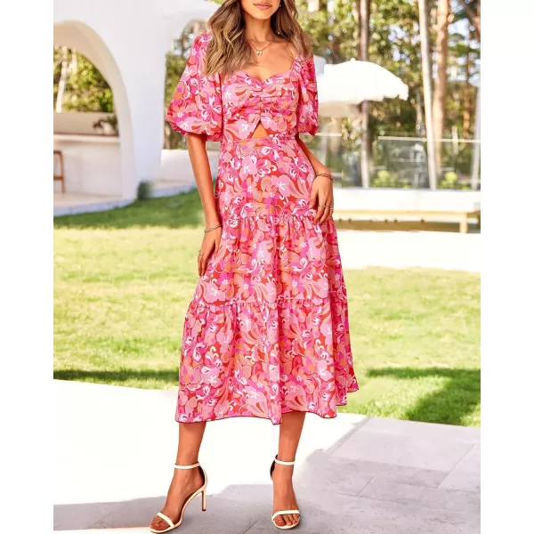 imageBTFBM Women Summer Dresses 2023 Casual Flowy Beach Square Neck Puff Short Sleeve Smocked Back Boho Floral Long Maxi DressPrint Pink