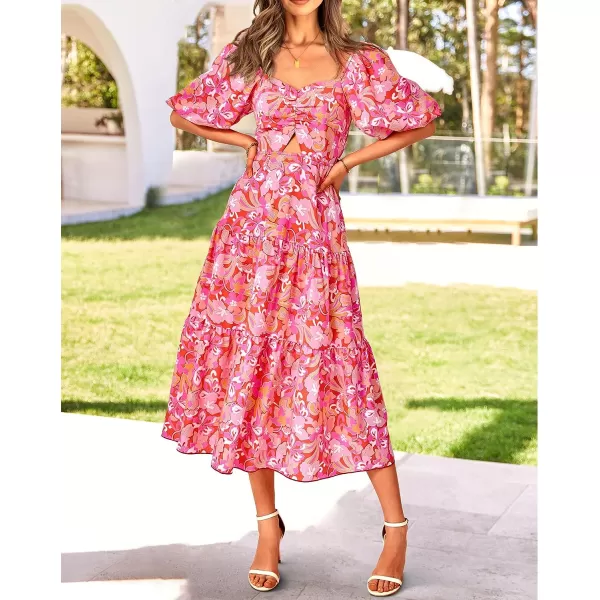 imageBTFBM Women Summer Dresses 2023 Casual Flowy Beach Square Neck Puff Short Sleeve Smocked Back Boho Floral Long Maxi DressPrint Pink