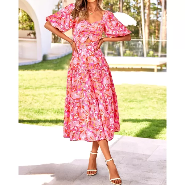 imageBTFBM Women Summer Dresses 2023 Casual Flowy Beach Square Neck Puff Short Sleeve Smocked Back Boho Floral Long Maxi DressPrint Pink
