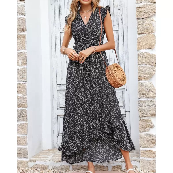 imageBTFBM Women Summer Dresses 2023 Ruffle Cap Sleeve V Neck Belt Wrap Split Boho Floral Long Casual Party Beach Maxi DressFloral Black