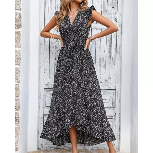 imageBTFBM Women Summer Dresses 2023 Ruffle Cap Sleeve V Neck Belt Wrap Split Boho Floral Long Casual Party Beach Maxi DressFloral Black