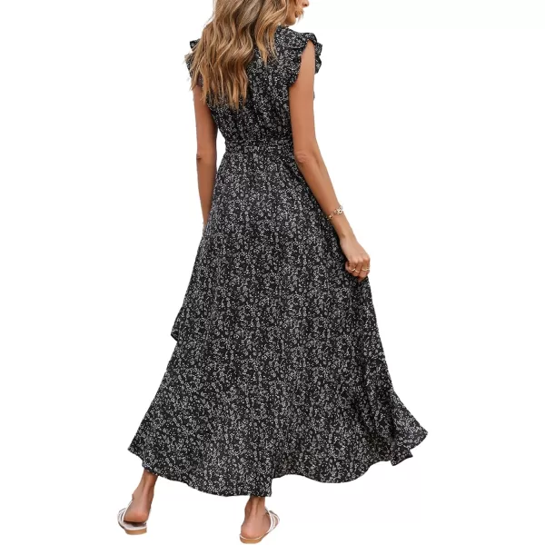 imageBTFBM Women Summer Dresses 2023 Ruffle Cap Sleeve V Neck Belt Wrap Split Boho Floral Long Casual Party Beach Maxi DressFloral Black
