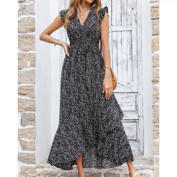 imageBTFBM Women Summer Dresses 2023 Ruffle Cap Sleeve V Neck Belt Wrap Split Boho Floral Long Casual Party Beach Maxi DressFloral Black