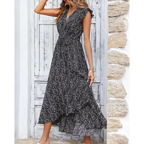 imageBTFBM Women Summer Dresses 2023 Ruffle Cap Sleeve V Neck Belt Wrap Split Boho Floral Long Casual Party Beach Maxi DressFloral Black