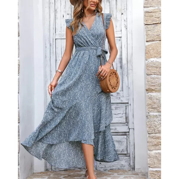 imageBTFBM Women Summer Dresses 2023 Ruffle Cap Sleeve V Neck Belt Wrap Split Boho Floral Long Casual Party Beach Maxi DressFloral Blue