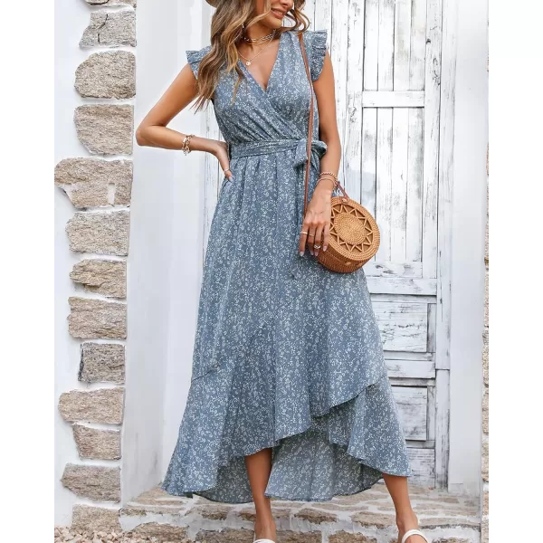 imageBTFBM Women Summer Dresses 2023 Ruffle Cap Sleeve V Neck Belt Wrap Split Boho Floral Long Casual Party Beach Maxi DressFloral Blue
