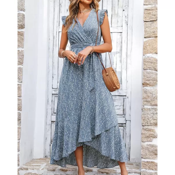 imageBTFBM Women Summer Dresses 2023 Ruffle Cap Sleeve V Neck Belt Wrap Split Boho Floral Long Casual Party Beach Maxi DressFloral Blue