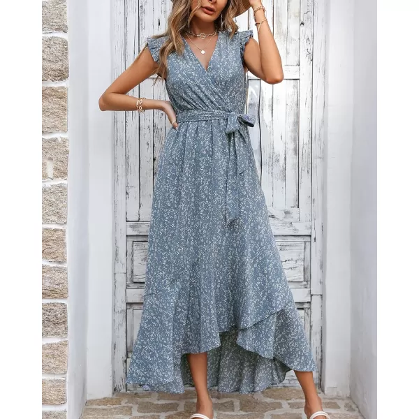 imageBTFBM Women Summer Dresses 2023 Ruffle Cap Sleeve V Neck Belt Wrap Split Boho Floral Long Casual Party Beach Maxi DressFloral Blue