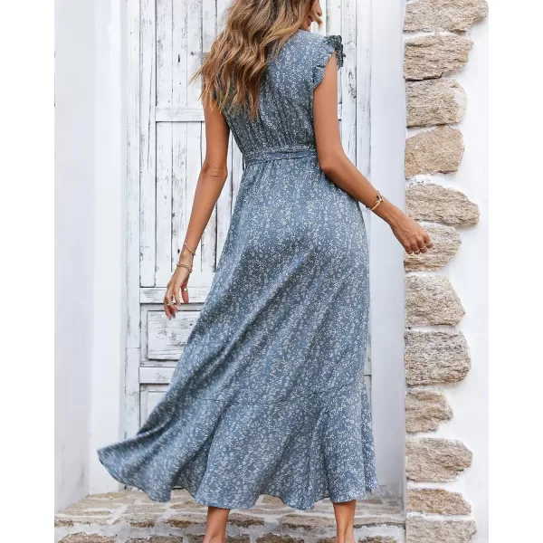 imageBTFBM Women Summer Dresses 2023 Ruffle Cap Sleeve V Neck Belt Wrap Split Boho Floral Long Casual Party Beach Maxi DressFloral Blue