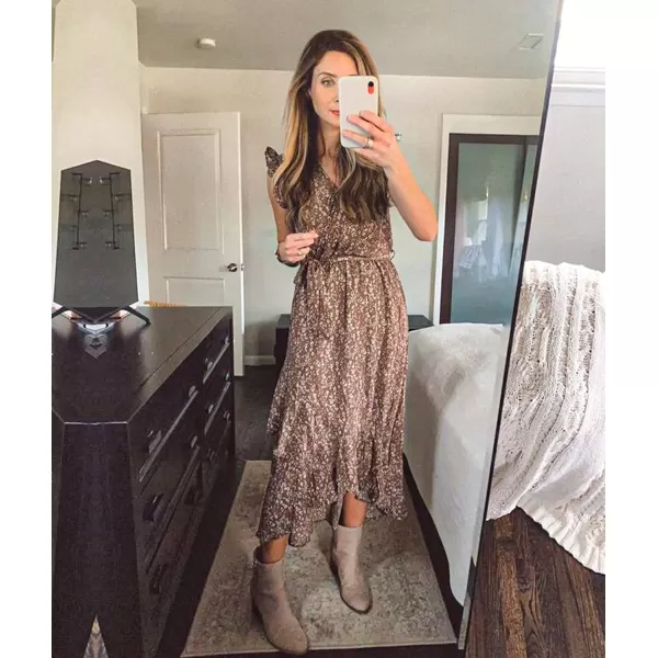 imageBTFBM Women Summer Dresses 2023 Ruffle Cap Sleeve V Neck Belt Wrap Split Boho Floral Long Casual Party Beach Maxi DressFloral Brown