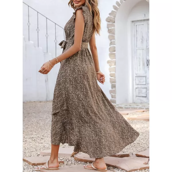 imageBTFBM Women Summer Dresses 2023 Ruffle Cap Sleeve V Neck Belt Wrap Split Boho Floral Long Casual Party Beach Maxi DressFloral Brown