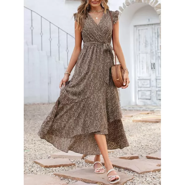 imageBTFBM Women Summer Dresses 2023 Ruffle Cap Sleeve V Neck Belt Wrap Split Boho Floral Long Casual Party Beach Maxi DressFloral Brown