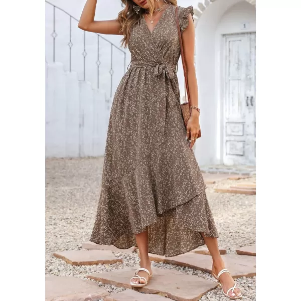 imageBTFBM Women Summer Dresses 2023 Ruffle Cap Sleeve V Neck Belt Wrap Split Boho Floral Long Casual Party Beach Maxi DressFloral Brown