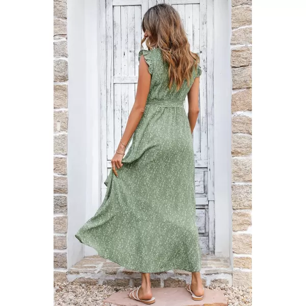 imageBTFBM Women Summer Dresses 2023 Ruffle Cap Sleeve V Neck Belt Wrap Split Boho Floral Long Casual Party Beach Maxi DressFloral Green