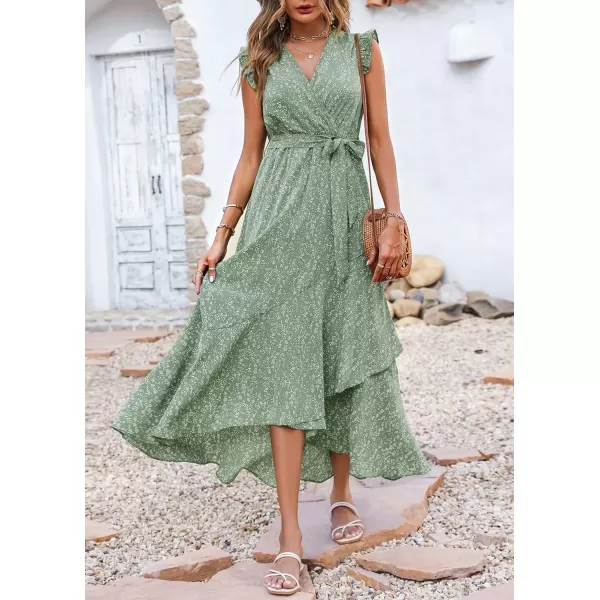 imageBTFBM Women Summer Dresses 2023 Ruffle Cap Sleeve V Neck Belt Wrap Split Boho Floral Long Casual Party Beach Maxi DressFloral Green