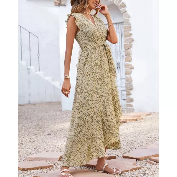 imageBTFBM Women Summer Dresses 2023 Ruffle Cap Sleeve V Neck Belt Wrap Split Boho Floral Long Casual Party Beach Maxi DressFloral Khaki
