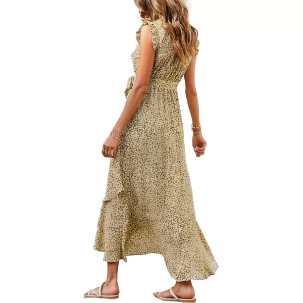 imageBTFBM Women Summer Dresses 2023 Ruffle Cap Sleeve V Neck Belt Wrap Split Boho Floral Long Casual Party Beach Maxi DressFloral Khaki