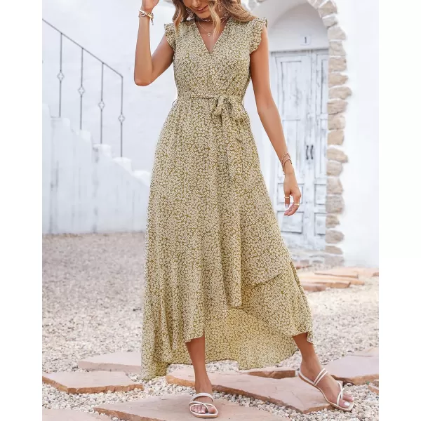 imageBTFBM Women Summer Dresses 2023 Ruffle Cap Sleeve V Neck Belt Wrap Split Boho Floral Long Casual Party Beach Maxi DressFloral Khaki