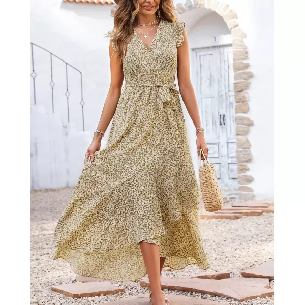 imageBTFBM Women Summer Dresses 2023 Ruffle Cap Sleeve V Neck Belt Wrap Split Boho Floral Long Casual Party Beach Maxi DressFloral Khaki