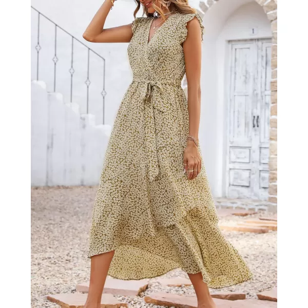 imageBTFBM Women Summer Dresses 2023 Ruffle Cap Sleeve V Neck Belt Wrap Split Boho Floral Long Casual Party Beach Maxi DressFloral Khaki