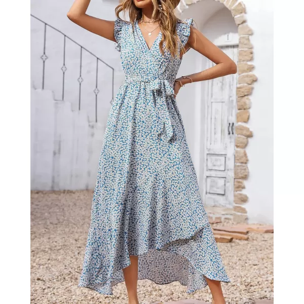 imageBTFBM Women Summer Dresses 2023 Ruffle Cap Sleeve V Neck Belt Wrap Split Boho Floral Long Casual Party Beach Maxi DressFloral Print Blue