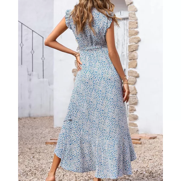 imageBTFBM Women Summer Dresses 2023 Ruffle Cap Sleeve V Neck Belt Wrap Split Boho Floral Long Casual Party Beach Maxi DressFloral Print Blue