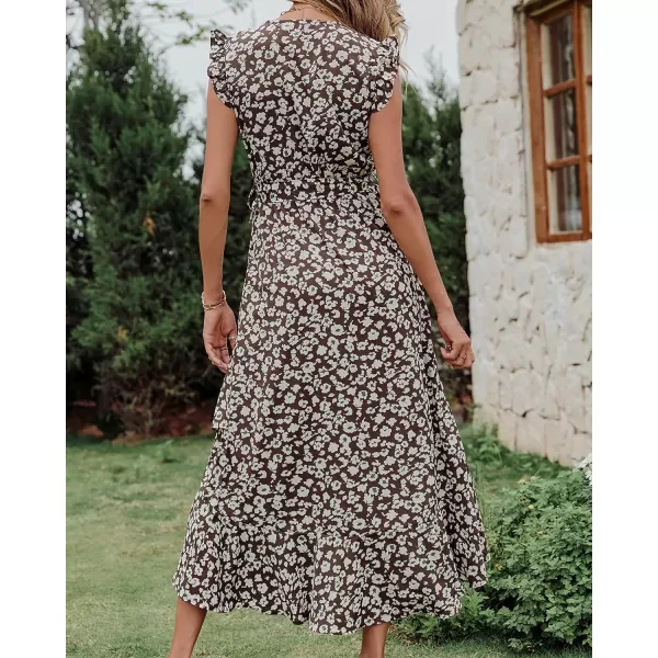 imageBTFBM Women Summer Dresses 2023 Ruffle Cap Sleeve V Neck Belt Wrap Split Boho Floral Long Casual Party Beach Maxi DressFloral Print Brown Apricot