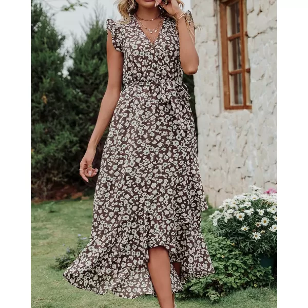 imageBTFBM Women Summer Dresses 2023 Ruffle Cap Sleeve V Neck Belt Wrap Split Boho Floral Long Casual Party Beach Maxi DressFloral Print Brown Apricot