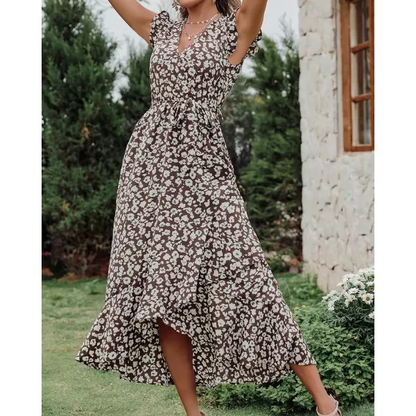 imageBTFBM Women Summer Dresses 2023 Ruffle Cap Sleeve V Neck Belt Wrap Split Boho Floral Long Casual Party Beach Maxi DressFloral Print Brown Apricot