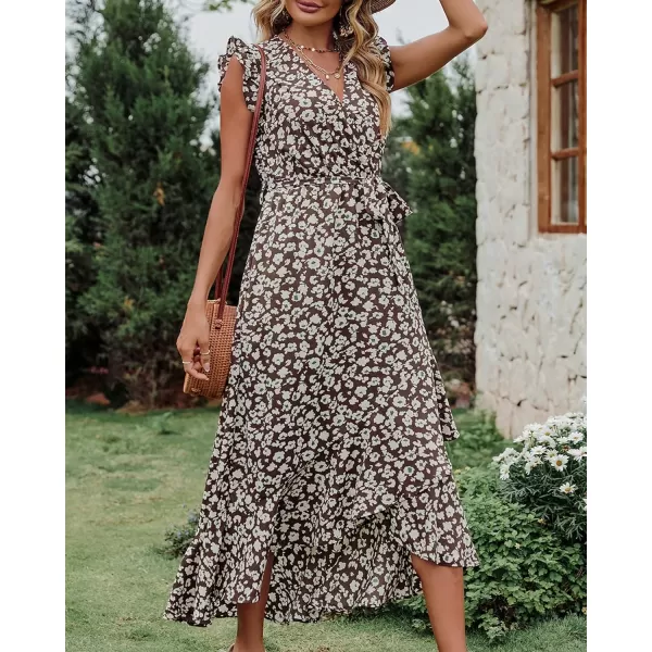 imageBTFBM Women Summer Dresses 2023 Ruffle Cap Sleeve V Neck Belt Wrap Split Boho Floral Long Casual Party Beach Maxi DressFloral Print Brown Apricot