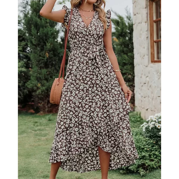 imageBTFBM Women Summer Dresses 2023 Ruffle Cap Sleeve V Neck Belt Wrap Split Boho Floral Long Casual Party Beach Maxi DressFloral Print Brown Apricot