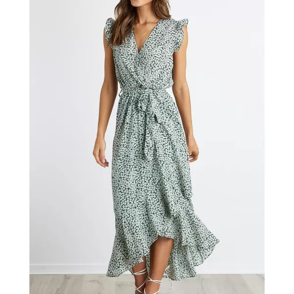 imageBTFBM Women Summer Dresses 2023 Ruffle Cap Sleeve V Neck Belt Wrap Split Boho Floral Long Casual Party Beach Maxi DressFloral Print Green