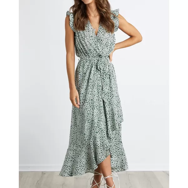 imageBTFBM Women Summer Dresses 2023 Ruffle Cap Sleeve V Neck Belt Wrap Split Boho Floral Long Casual Party Beach Maxi DressFloral Print Green
