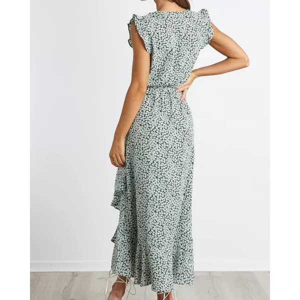 imageBTFBM Women Summer Dresses 2023 Ruffle Cap Sleeve V Neck Belt Wrap Split Boho Floral Long Casual Party Beach Maxi DressFloral Print Green
