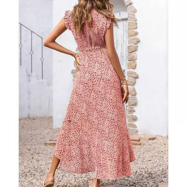 imageBTFBM Women Summer Dresses 2023 Ruffle Cap Sleeve V Neck Belt Wrap Split Boho Floral Long Casual Party Beach Maxi DressFloral Print Red