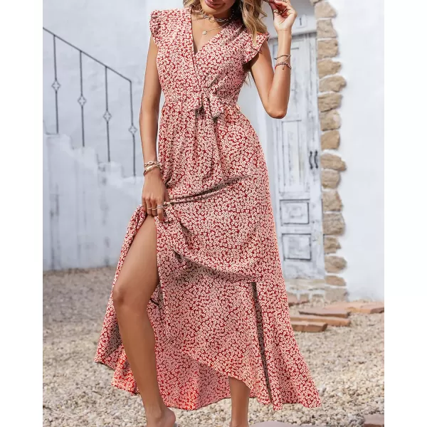 imageBTFBM Women Summer Dresses 2023 Ruffle Cap Sleeve V Neck Belt Wrap Split Boho Floral Long Casual Party Beach Maxi DressFloral Print Red