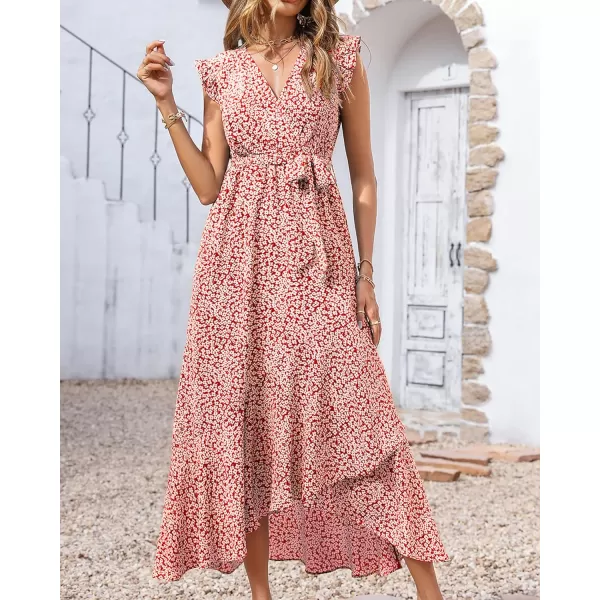 imageBTFBM Women Summer Dresses 2023 Ruffle Cap Sleeve V Neck Belt Wrap Split Boho Floral Long Casual Party Beach Maxi DressFloral Print Red