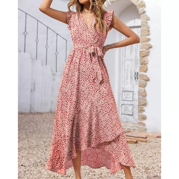 imageBTFBM Women Summer Dresses 2023 Ruffle Cap Sleeve V Neck Belt Wrap Split Boho Floral Long Casual Party Beach Maxi DressFloral Print Red